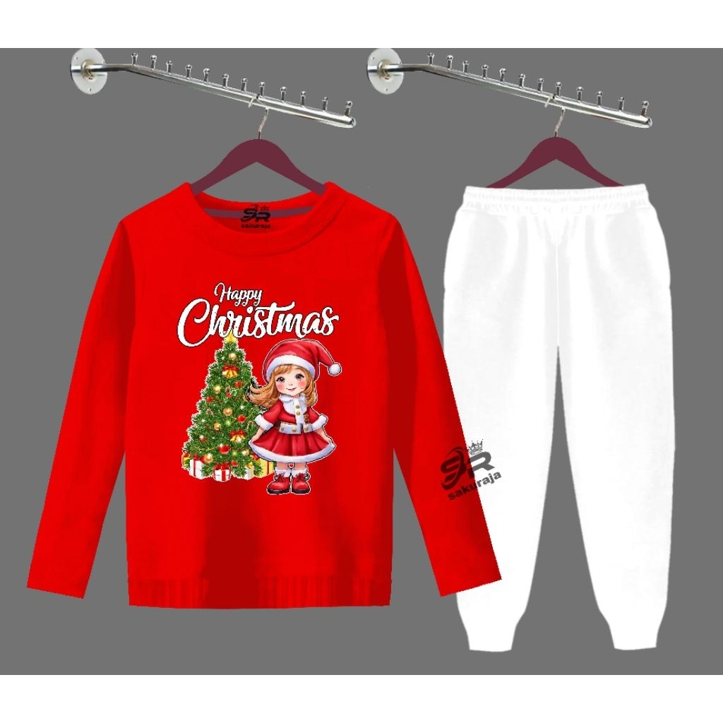 setelan baju natal anak perempuan lengan panjang/umur 3-12 tahun