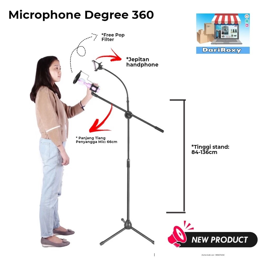 Alat Studio - Stand Mic Holder Phone Tiang Panjang Microphone Dengan Holder hp Smartphone 360 Degree