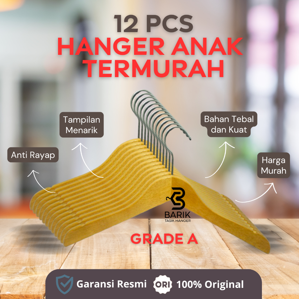 [12 PCS ] Hanger Gantungan Baju Anak Estetik Bahan Kayu Tebal dan Kuat Aesthetic Minimalis Premium