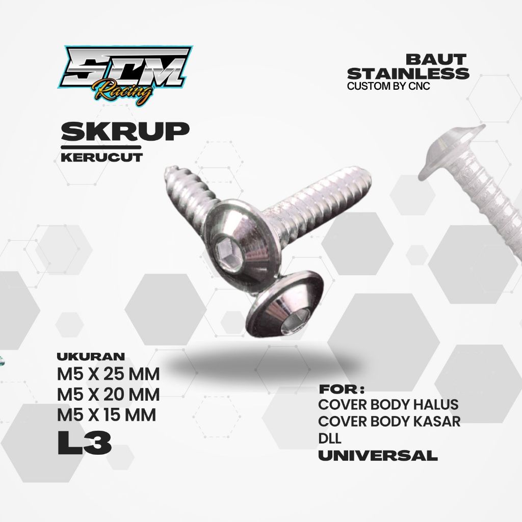 SKRUP STAINLESS KERUCUT FULL CNC SKRUP M5 KUNCI L5 UNTUK BODY MOTOR
