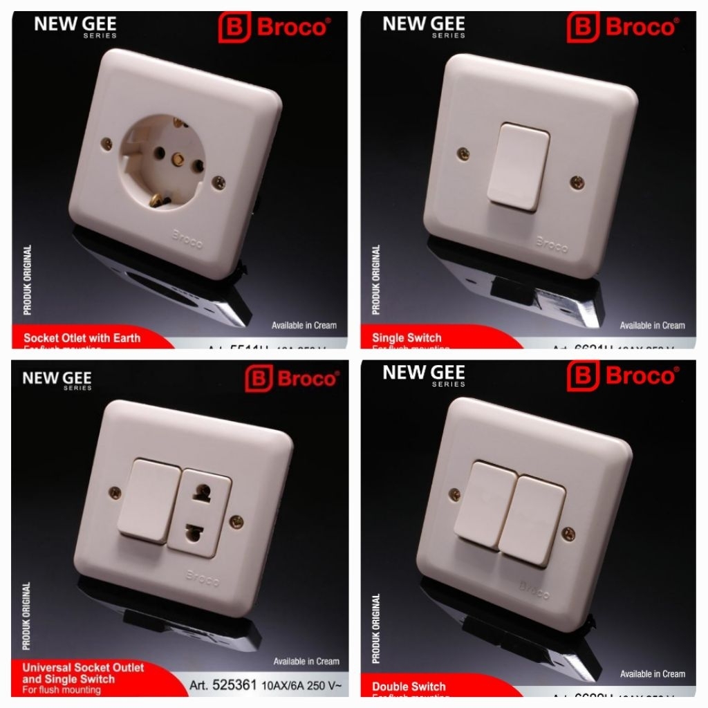 Broco saklar engkel ,saklar seri ,stop kontak & saklar engkel +stop kontak series new gee warna crem