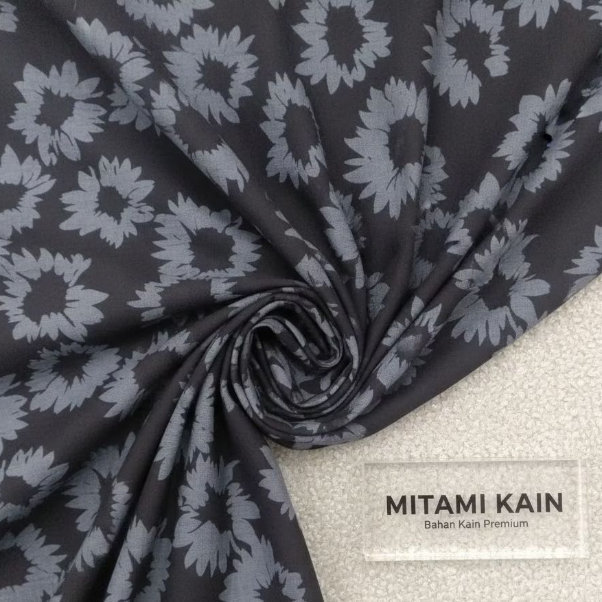 Kain Katun Crinkle Airflow Motif Bunga Matahari Daisy Hitam Abu Bahan Dress Blouse Premium (Harga Ka