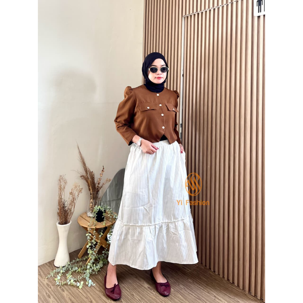 Rok Ruffle Susun Korean Style Rok Rempel Stripe Bahan Semi Wool Polyester Gratis Ongkir Dan Bisa COD