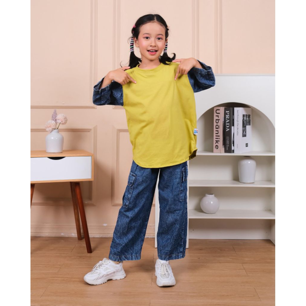 Setelan Anak Perempuan Celana Levis Cargo Baju Polos Usia 3-14 Tahun Blue Indigo