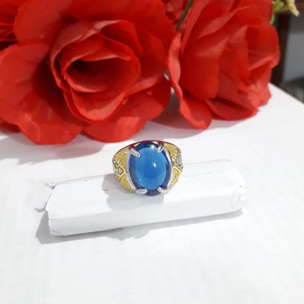 Cincin permata manik biru laut accessories perhiasan warna emas pria dewasa