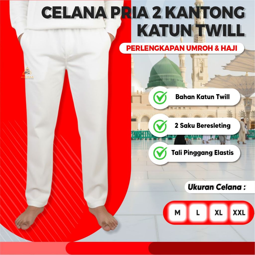 AULEAA - Celana Putih Pria 2 Kantong Katun Twill / Celana Pria Putih Panjang Katun Haji dan Umroh / 