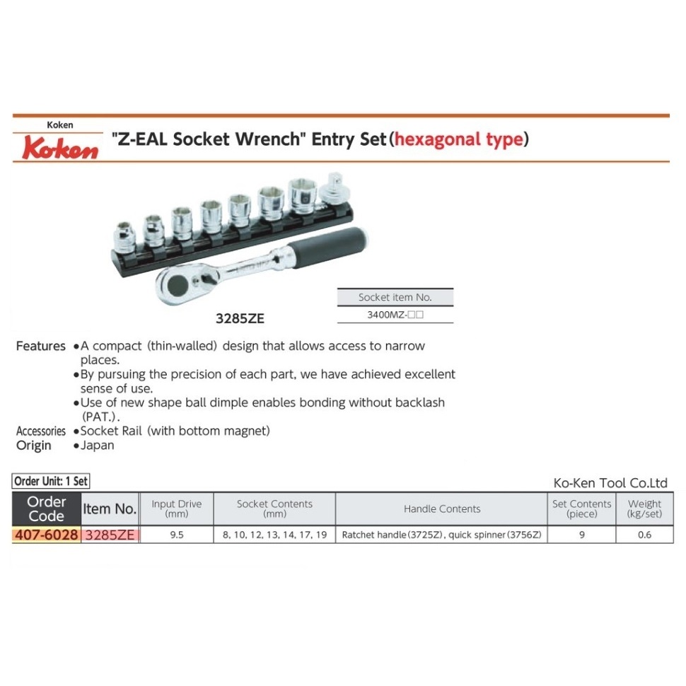 Z-EAL Socket Wrench Entry Set 9 Pcs Hexagonal Type KOKEN 3285ZE