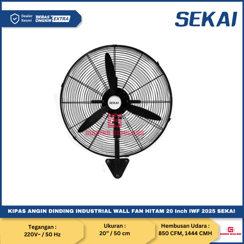 Kipas Angin Dinding Industrial Wall Fan Hitam 20 Inch IWF 2025 SEKAI