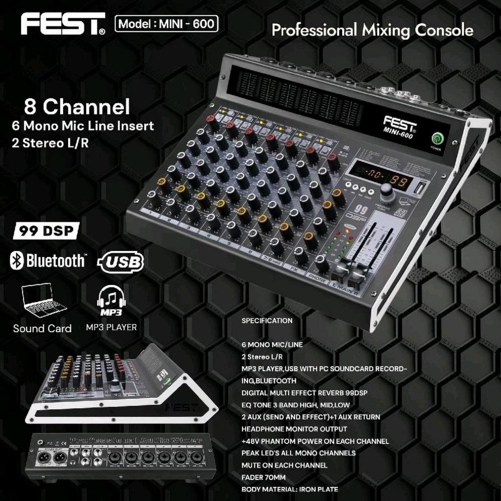 Mixer Audio Fest Mini 600 Original 8 Channel Bluetooth Soundcard MP3