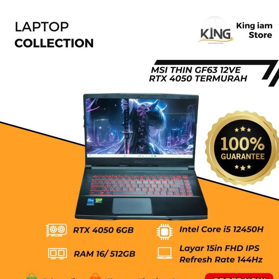 MSI GF63 Thin i5 Gen12 RTX 4050 RAM 16GB SSD 512GB Gaming 144Hz Mulus