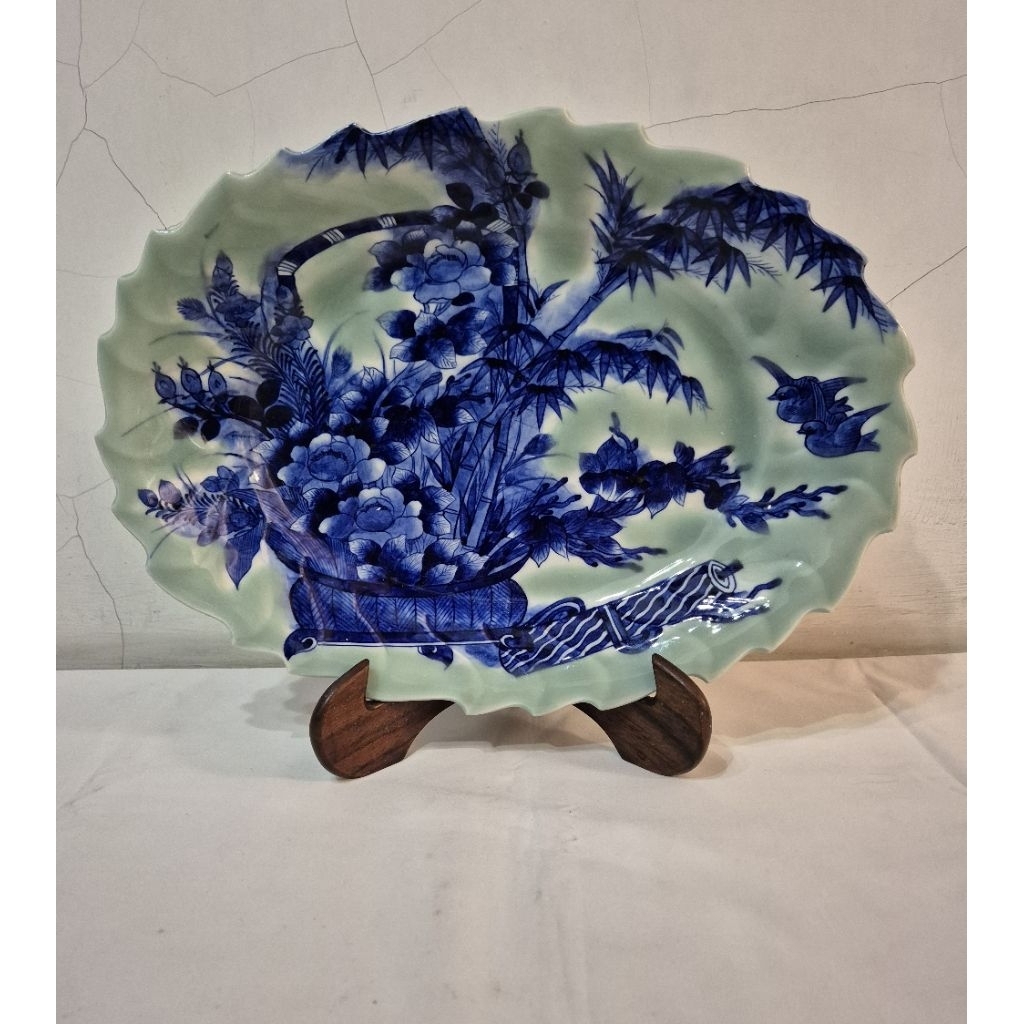 piring keramik celadon jepang seto imari oval jumbo antik