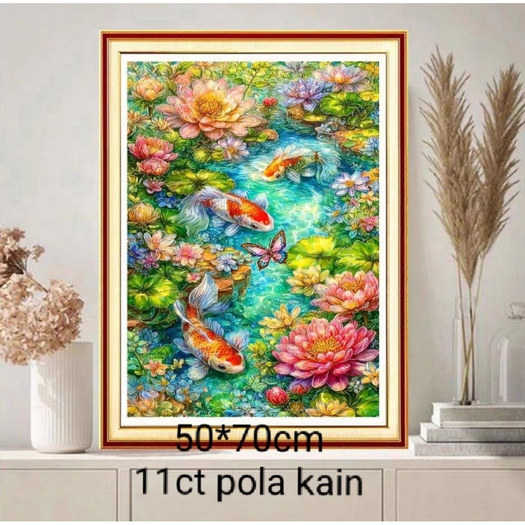 paket kristik ikan koi lotus pola kain 11ct