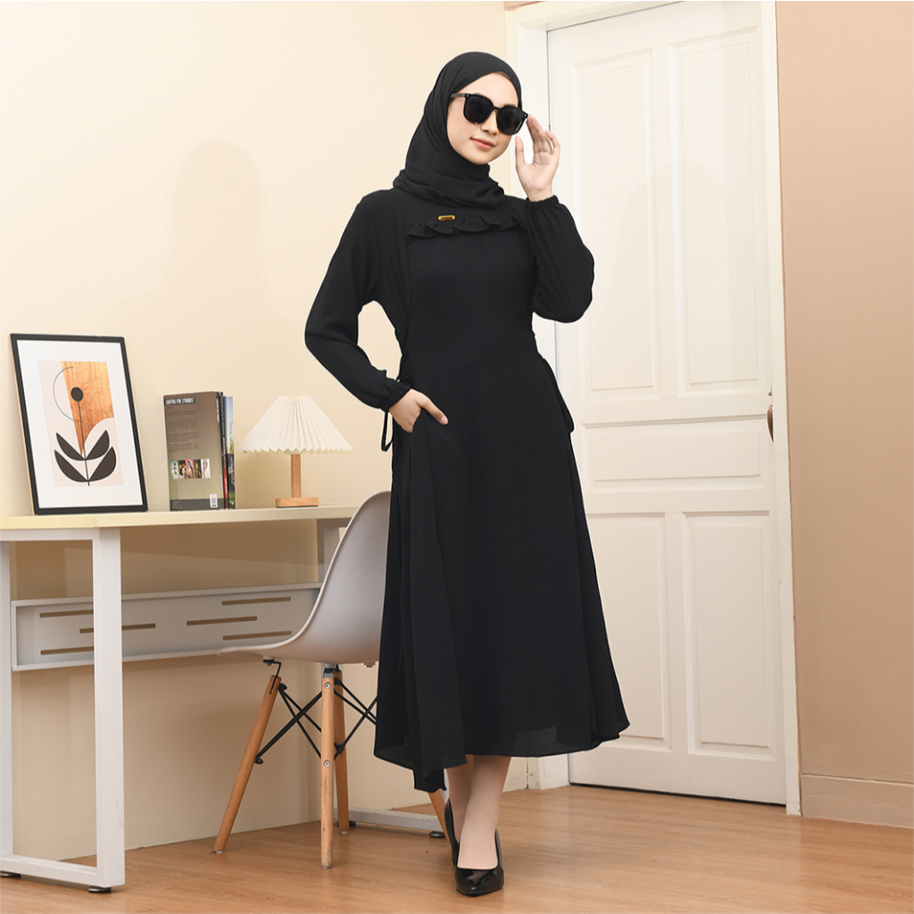 DHELISA Fashion Kanaya Hitam Long Dress Abaya Series Gamis Modern Crinkle Airflow