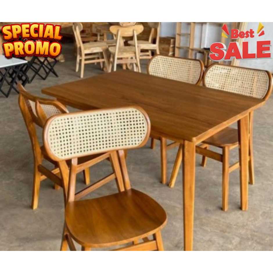 Meja Makan Set 4 Kursi Jati Rotan Retro Jepara