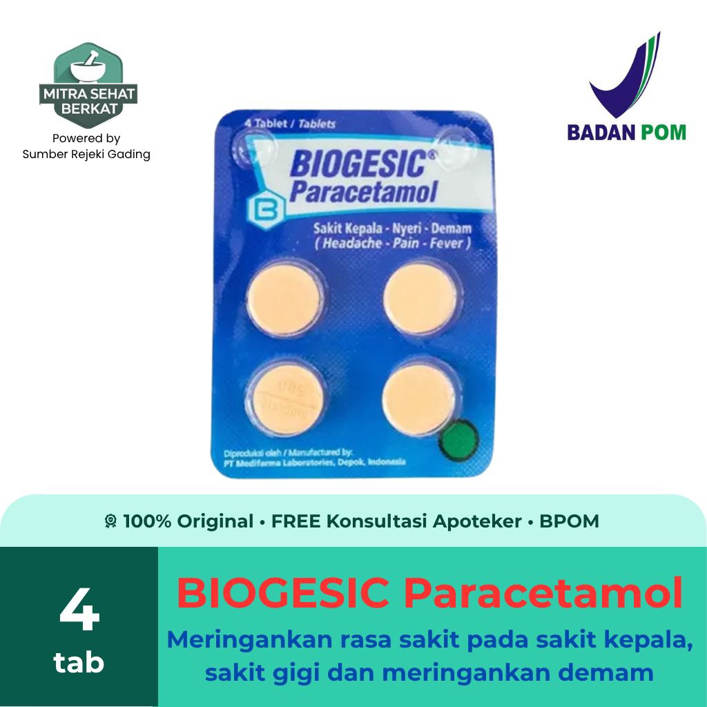 BIOGESIC PARACETAMOL 500mg Strip 4 tablet | Obat Paracetamol Pereda Nyeri