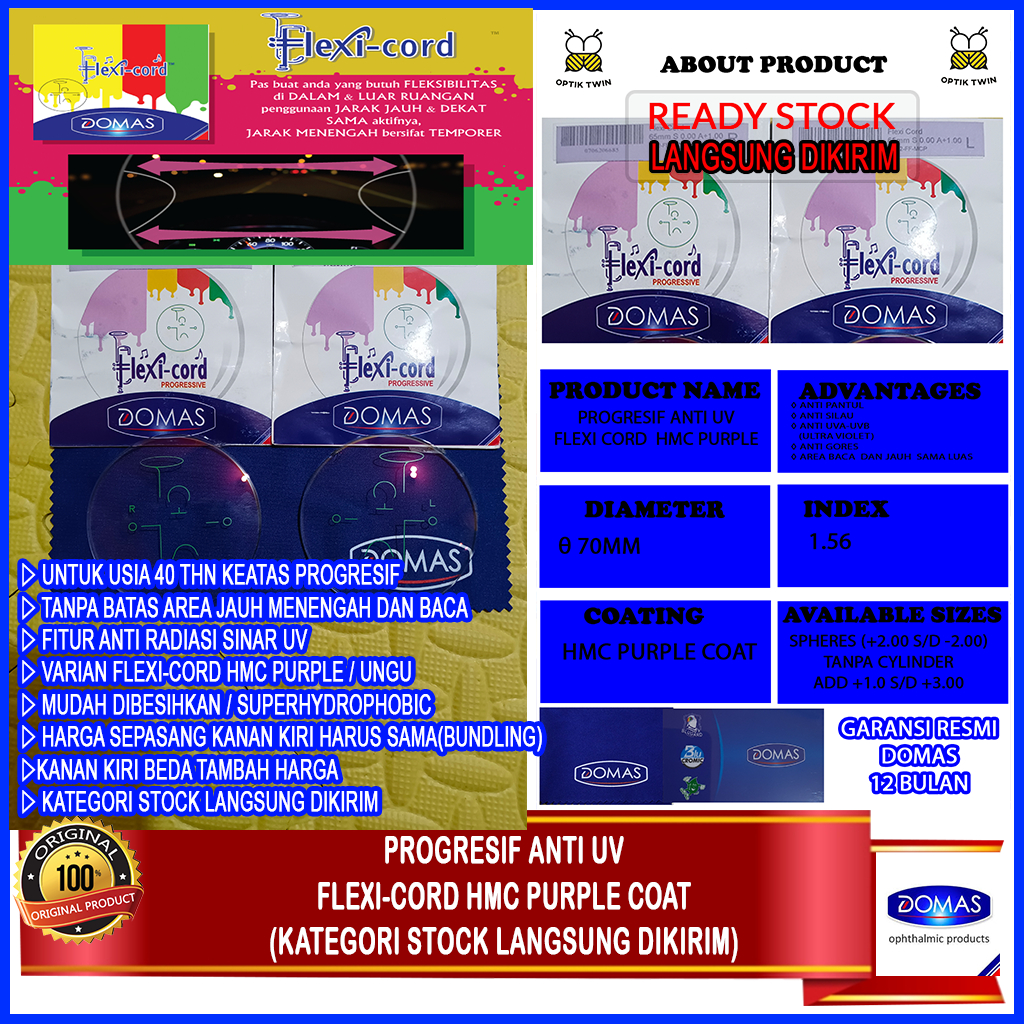 PROGRESIF ANTI UV DOMAS FLEXI-CORD HMC PURPLE / COATING UNGU READY STOCK