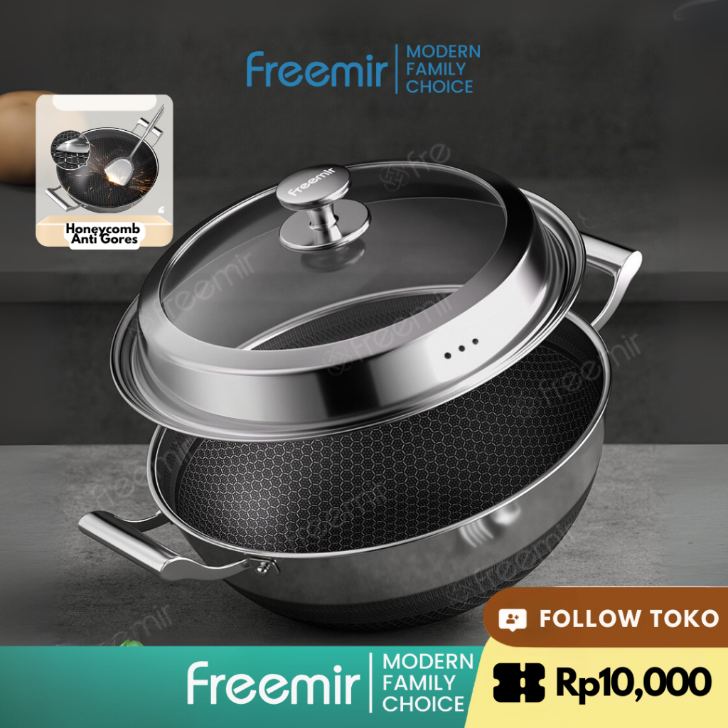 Shi - Freemir original Stainless Steel 316 Honeycomb Wok Pan 24cm/30cm Tutup Kaca Anti Lengket