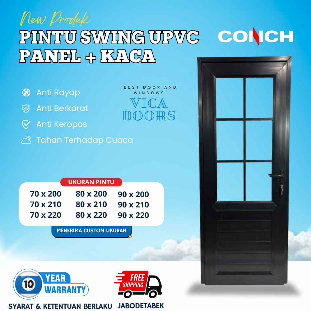 Pintu Swing Panel List Kaca UPVC Pintu kamar mandi Elegant Minimalis Warna Hitam Conch