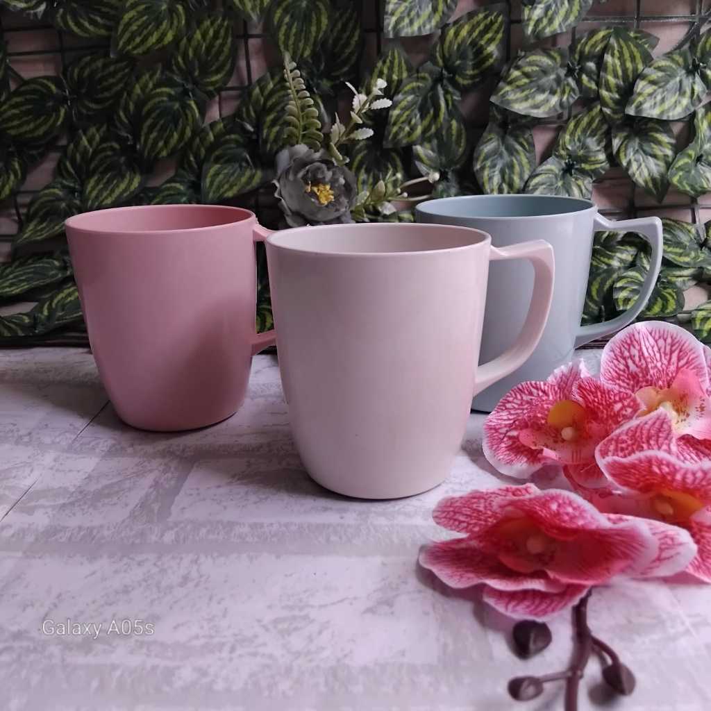 Sale 6 Pcs Cangkir Gelas Mug Gagang Plastik Warna Kopi Teh 350 ml Semi Melamin Tebal BPA Free