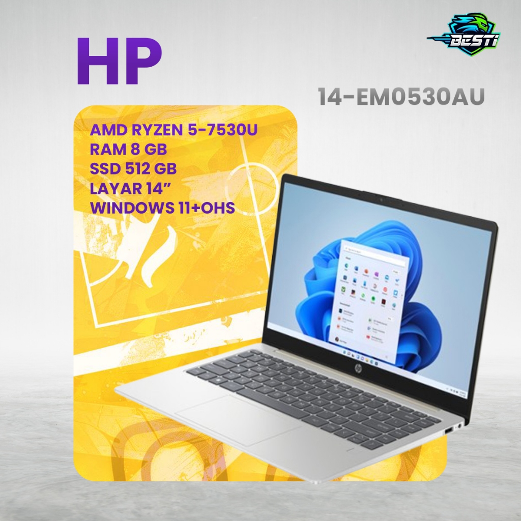 Laptop HP 14-EMO531AU AMD R5-7530U 8GB RAM 512GB SSD Windows 11 + OHS 2024