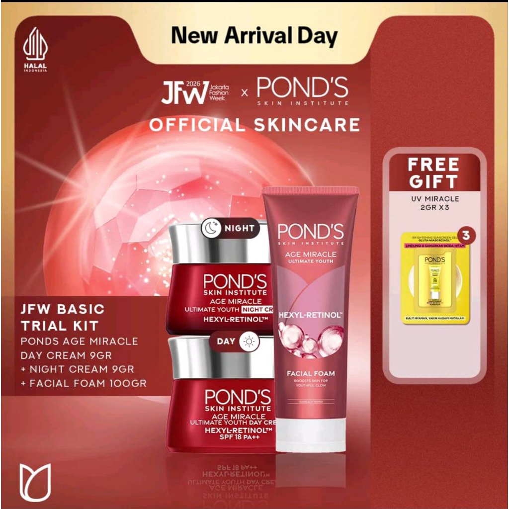 PAKET PONDS AGE MIRACLE DAY CREAM 9G + NIGHT CREAM 9G + FACIAL FOAM 100 ML FREE UV MIRACLE SUNSCREEN
