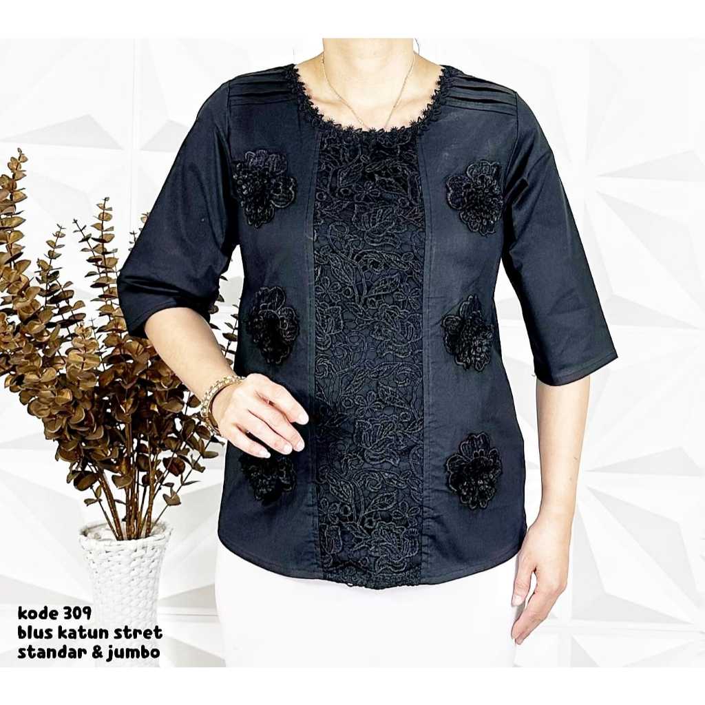 BLUS KATUN BRUKAT HITAM BORDIR STRECTCH  #309