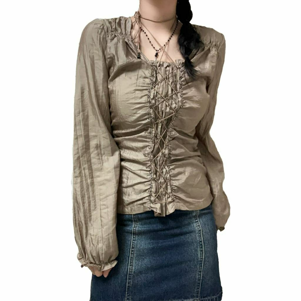 (NEW) BLOUSE CROP TOP SATIN GOLD BROWN KAWAII TALI SILANG PUFF SLEEVE KOREA