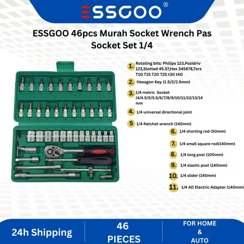 ESSGOO 46pcs Socket Wrench Set 1/4 – Alat Perbaikan Mobil Motor Lengkap, Praktis & Murah