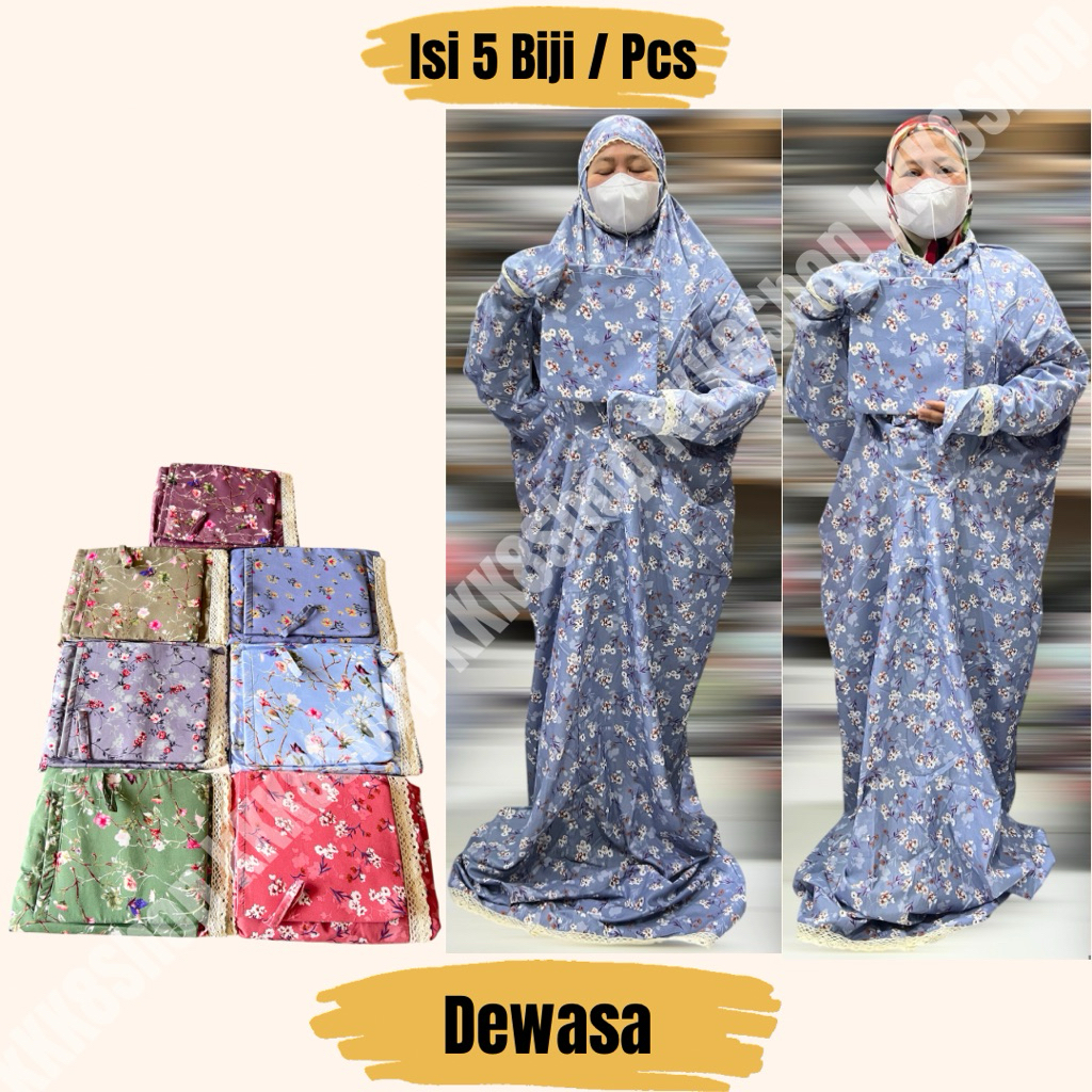 Grosir Isi 5 Biji Mukena Dewasa 2 in 1 Terusan Travel Motif Katun Rayon Premium Polos Renda Cantik A