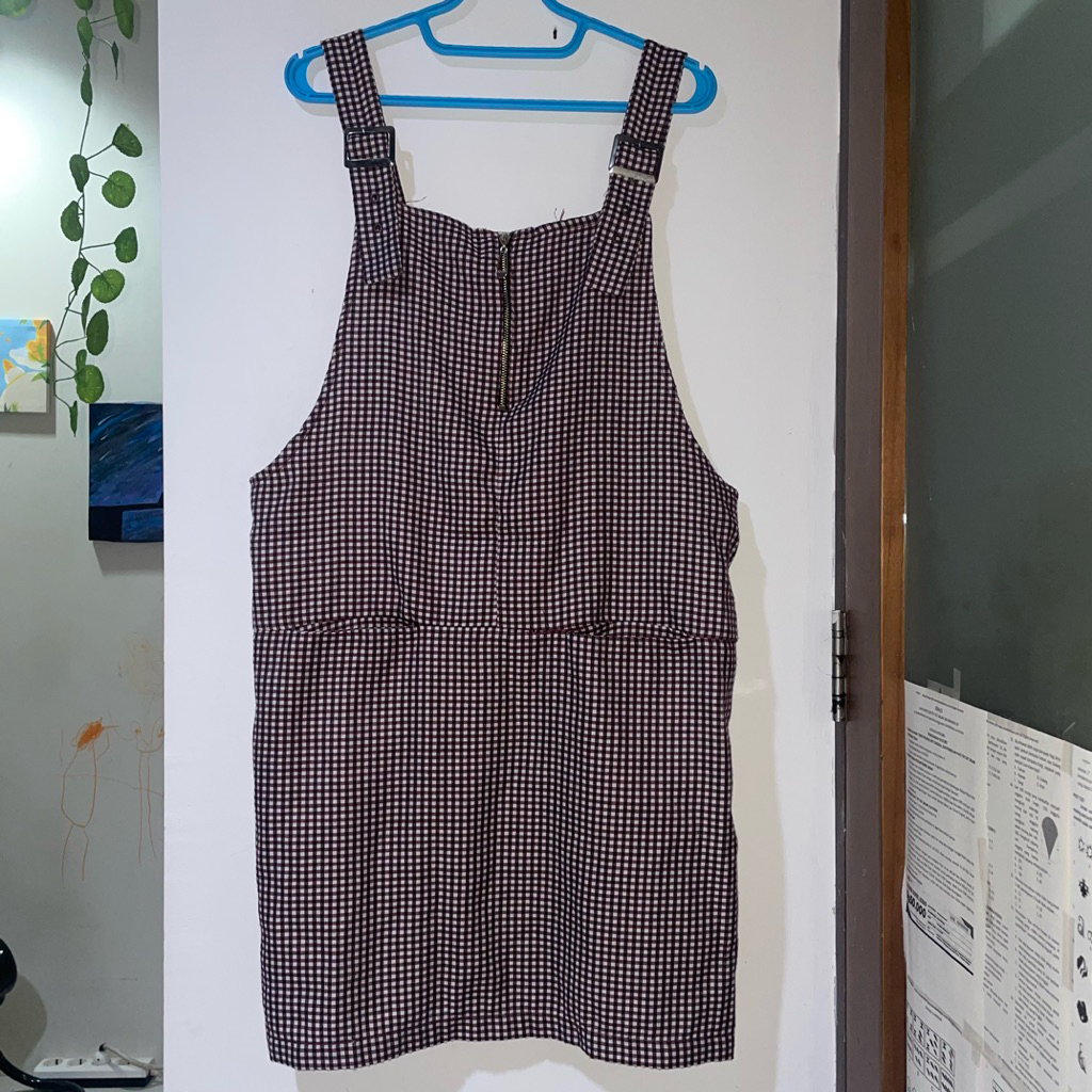 Jumpsuit dress rok wanita merah kotak-kotak