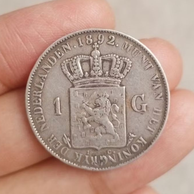 koin perak 1 Gulden Wilhelmina Long Hair thn 1892