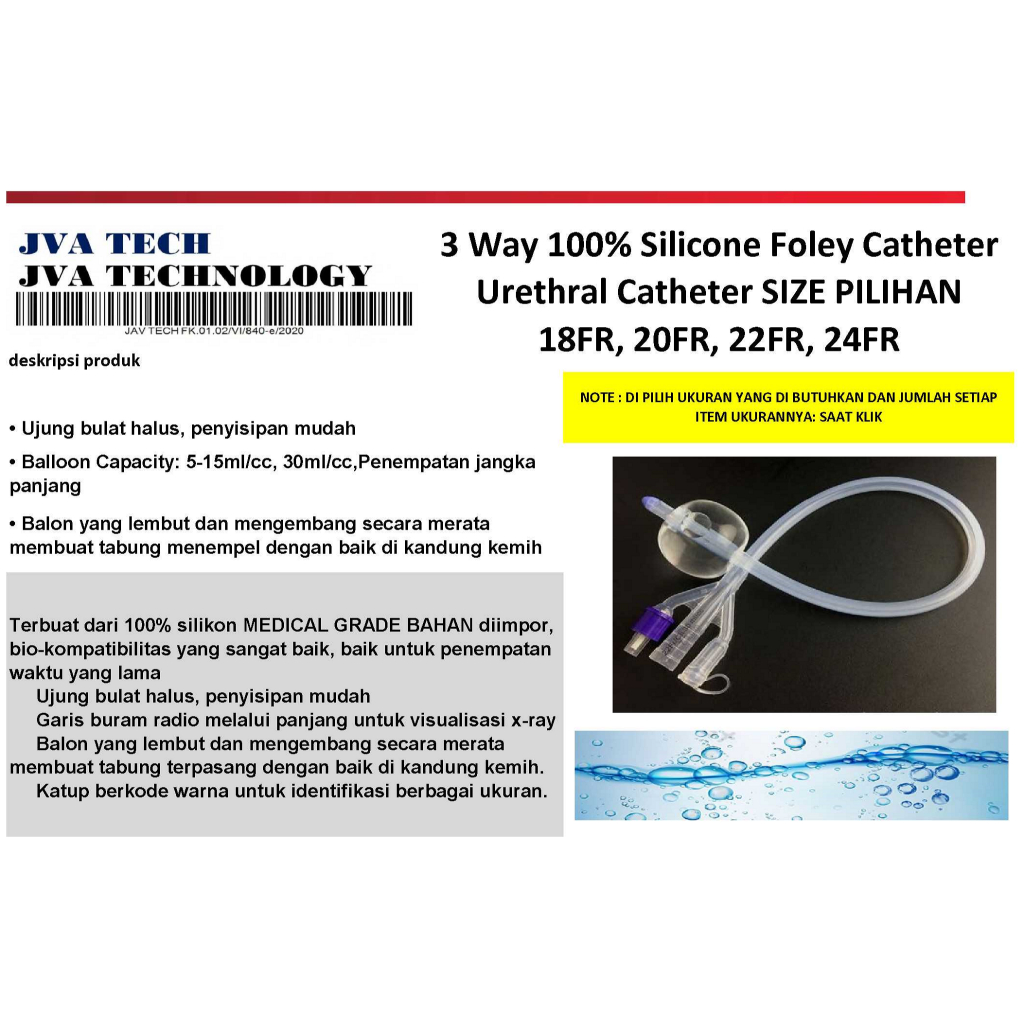 3 Way 100% Silicone Foley Catheter Urethral Catheter ,, pilihan sesuai size yng di butuhkan SIZE PIL