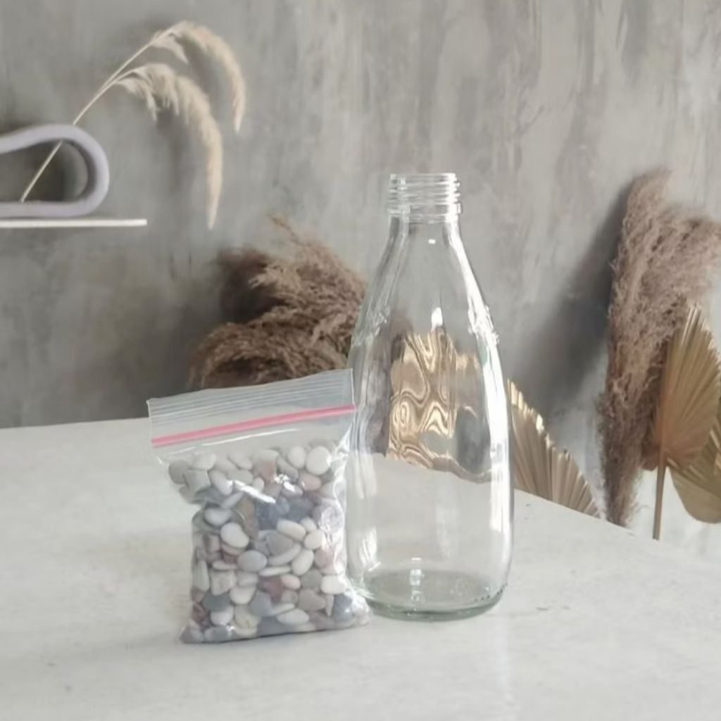 vas bunga botol KMI plus batu hias//vas bunga kaca//dekorasi//aesthetic//vas bunga aesthetic vas bej