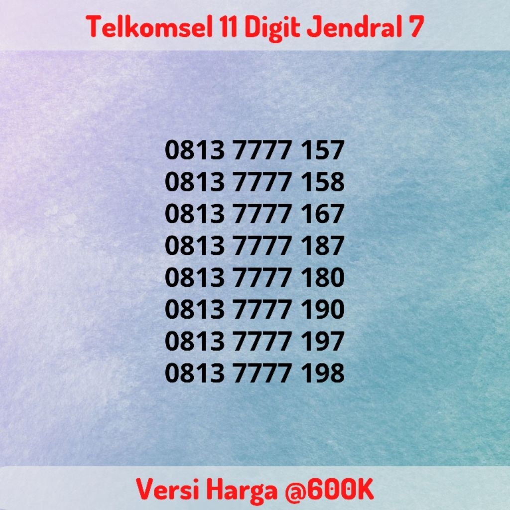 Nomor Cantik Telkomsel 11 Digit Seri Jendral 7 / Kwartet 7 / 7777 Tengah Versi Harga @600K