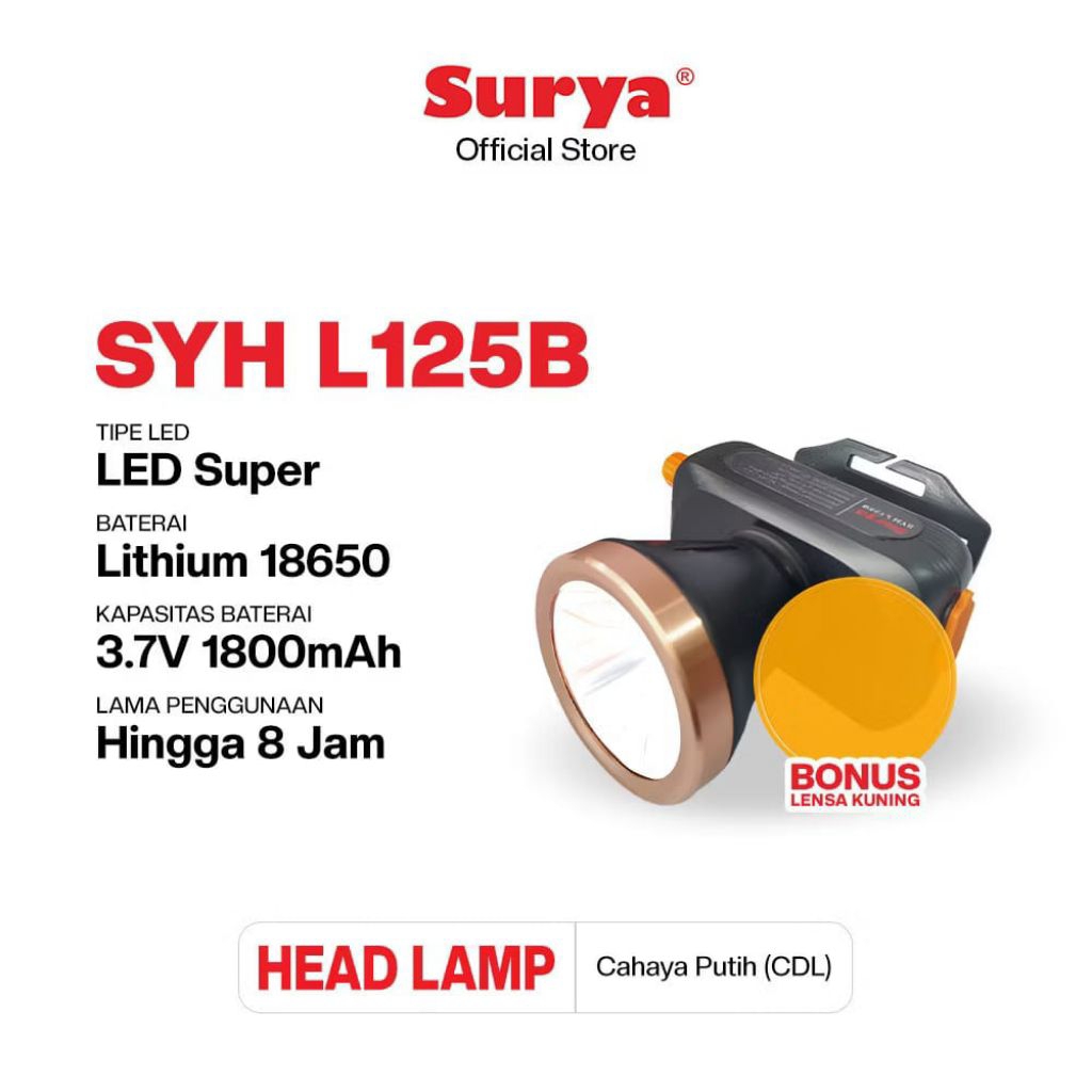 Surya SYH L125B 12 Watt Lampu Senter Kepala LED Rechargeable - Headlamp Cahaya Putih / White / Cool 