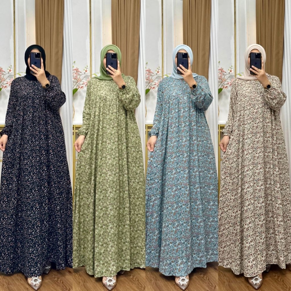 Gamis Rayon Diamond Premium Motif Print Bunga Kecil