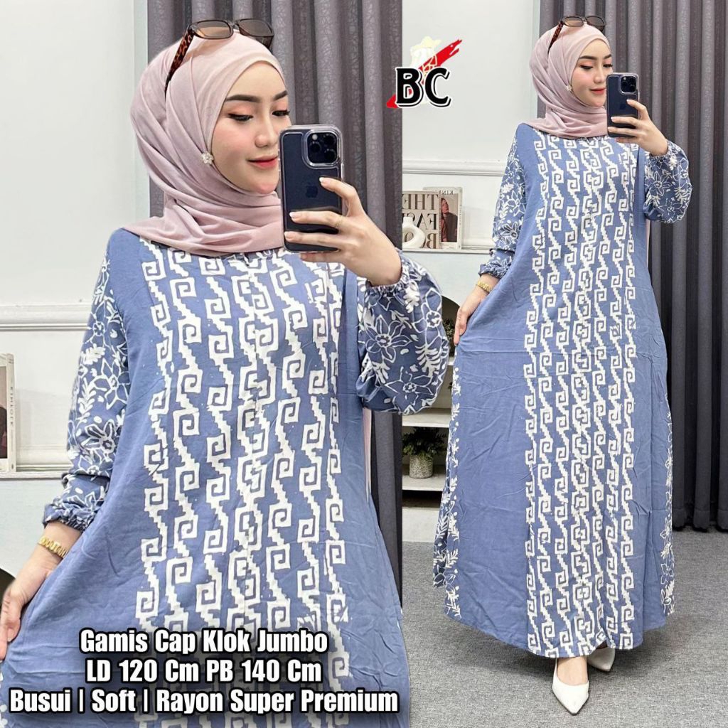 Gamis Cap Klok Jumbo Soft LD 120 PB 140 | Long Dress Busui Rayon Super Premium Adem Motif Etnik