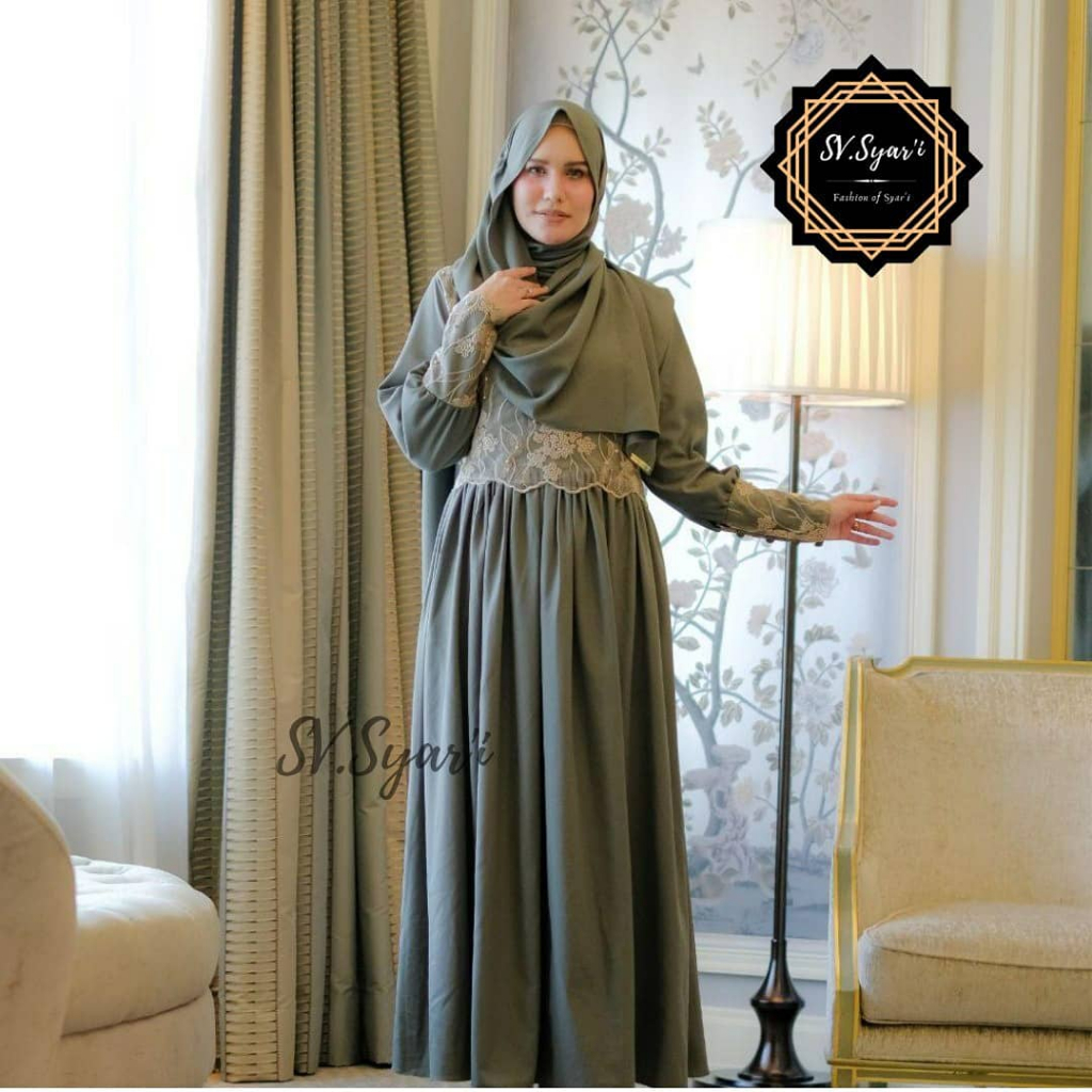 Angela dress syari set hijab gamis mewah elegan terbaru 2026 Lebaran jumbo gamis brokat kondangan pe