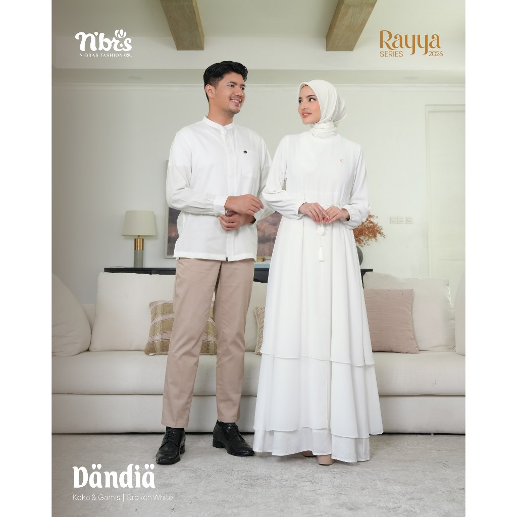 SARIMBIT PASANGAN NIBRAS RAYYA SERIES 2026 • KOKO & GAMIS COUPLE DANDIA BROKEN WHITE • BAJU LEBARAN 