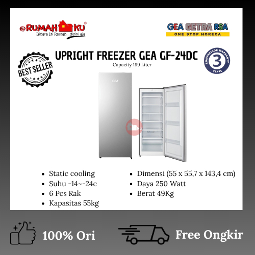 GEA UPRIGHT FREEZER GF-24DC/UPRIGHT FREEZER GEA KAPASITAS 189L/FREEZER STANDING GEA 6RAK/FREEZER GEA