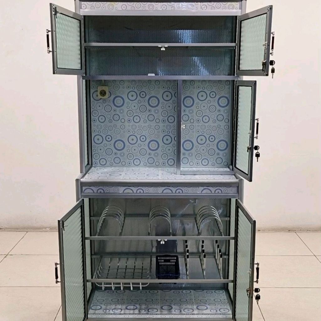 RAK PIRING ALUMINIUM KACA DAN KERAMIK SUPER MEJA RATA TAMBAH PINTU TENGAH 2 PINTU 86x43x180 CM DAN 3