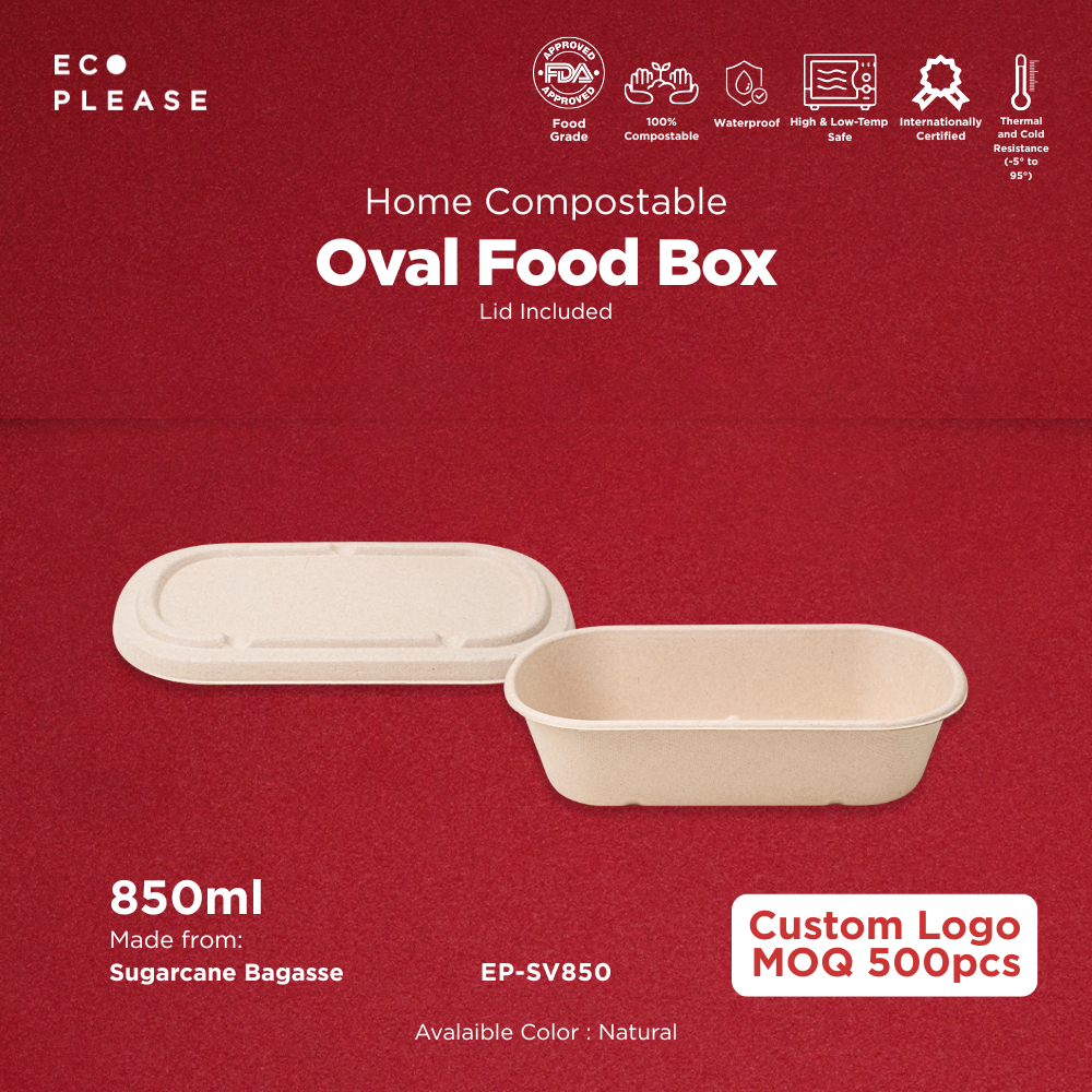 50pcs Ecoplease 850ml Bagasse Oval Food Box + Lid One Compartment Home Compostable Ecofriendly Ramah