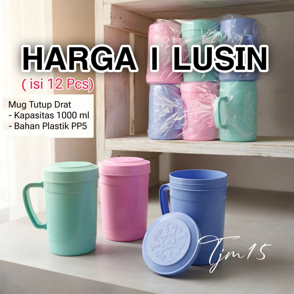 GROSIRAN 1 Lusin isi 12 Pcs - Mug + Tutup Plastik 1000 ml Bpafree Foodgrade Cangkir tutup putar JUMB
