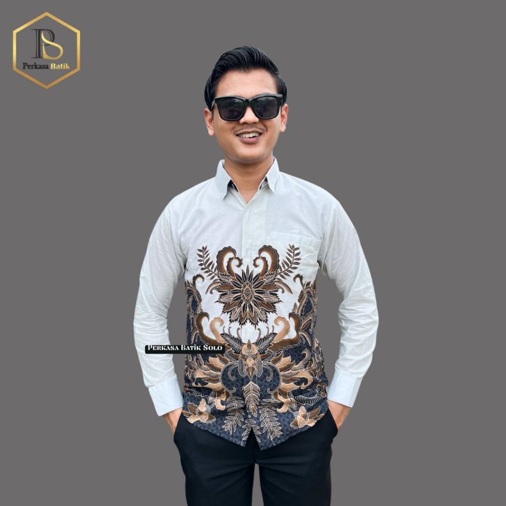 PERKASA BATIK Motif Mahendra Kemeja Koko Batik Pria Lengan Panjang Furing Erro Warna Putih Hem Konda