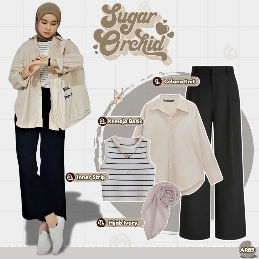 OOTD Wanita Look Casual (Kemeja Basic+Celana Knit+Inner Strip+Hijab ) Outfit Kuliah Anti Ribet -AR89