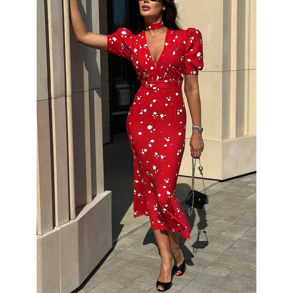 Bhusana Castle 78959 red floral v-neck elegant party dress with tie / dress wanita
