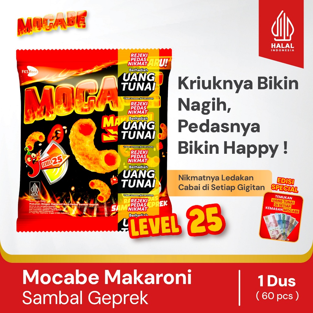 MOCABE Makaroni LEVEL 25 Sambal Geprek Isi 24gr Small Pack 60 pcs 1 Karton/Dus Cemilan Penghilang Ng