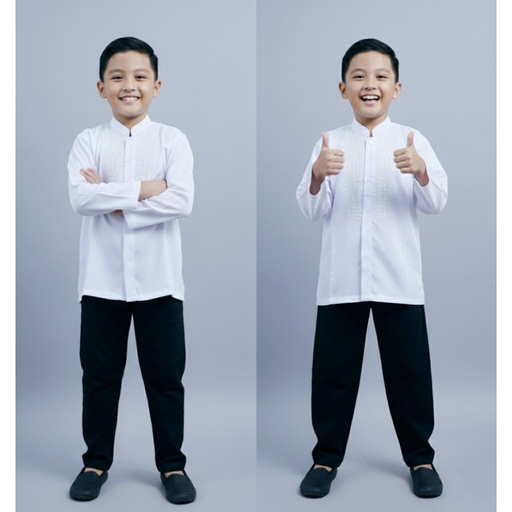 SETELAN BAJU KOKO ANAK HITAM PUTIH LENGAN PANJANG SETELAN ABDILLAH ANAK 5-15 TAHUN BAHAN KATUN BAGUS