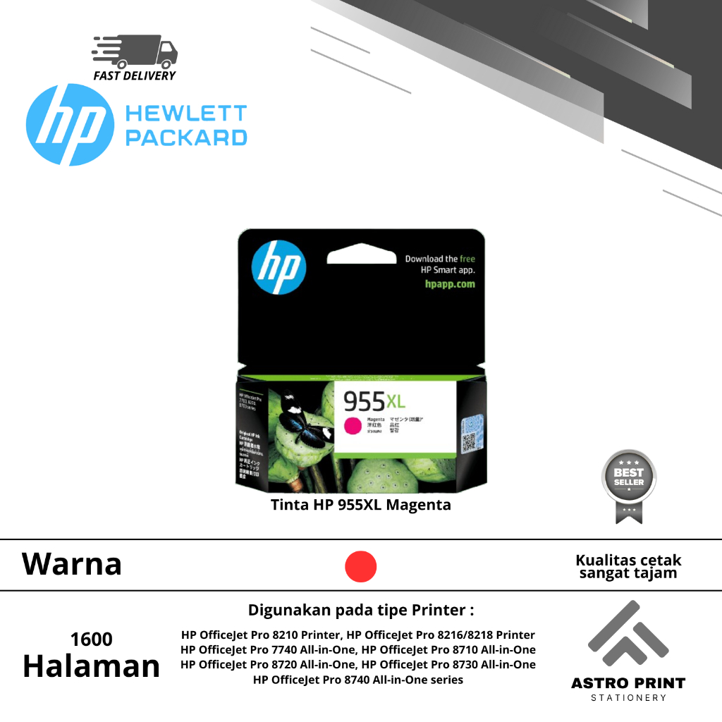 Tinta HP 955XL Magenta Original For Printer HP OfficeJet Pro 8210, 8216/8218