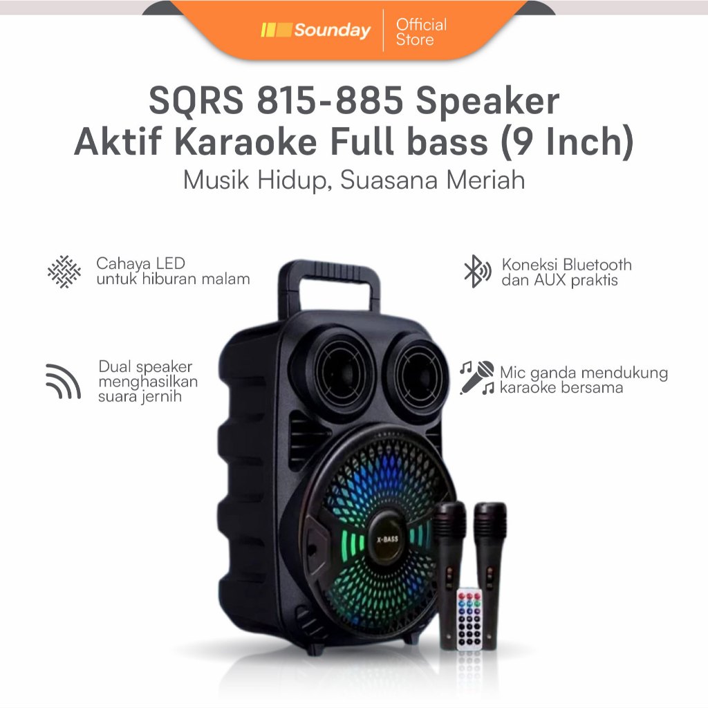 Sounday SQRS 815-885 Speaker Bluetooth 9 Inch Karaoke Full Bass Portable Gratis 2 Mic